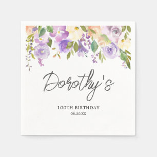 100th Birthday Party Purple Rose Floral Custom Napkins
