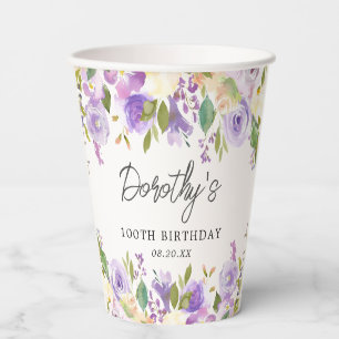 100th Birthday Party Purple Rose Floral Custom Paper Cups