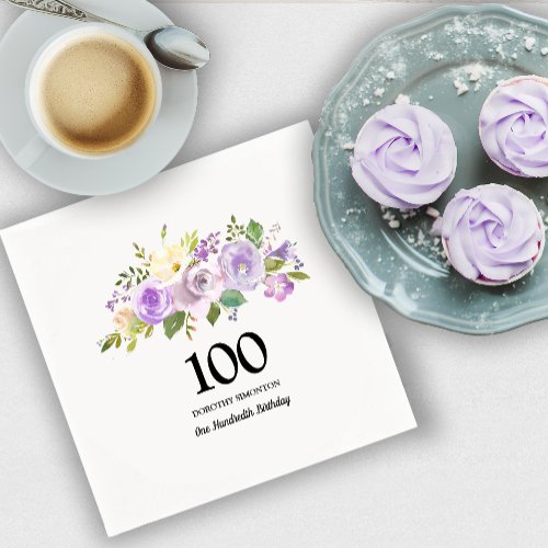 100th Birthday Party Purple Rose Floral Napkins
