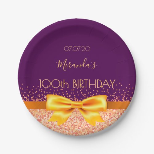 100th birthday party purple rose gold bow name paper plates