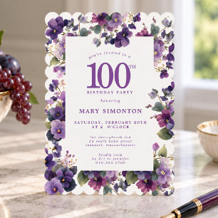 100th Birthday Party Purple Violet Flower Invitation