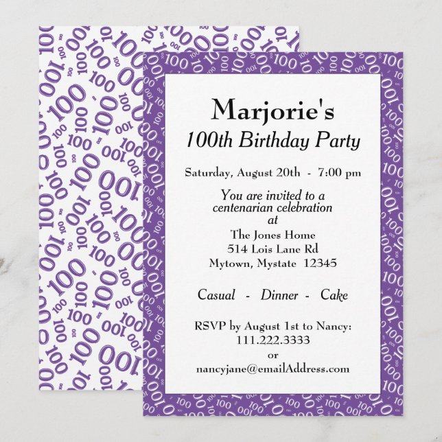 100th Birthday Party Purple/White Number Pattern Invitation (Front/Back)