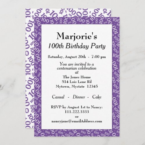 100th Birthday Party PurpleWhite Number Pattern Invitation