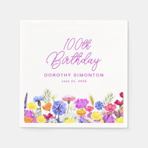 100th Birthday Party Purple Wildflower Custom Napkins