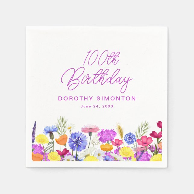 100th Birthday Party Purple Wildflower Custom Napkins (Front)