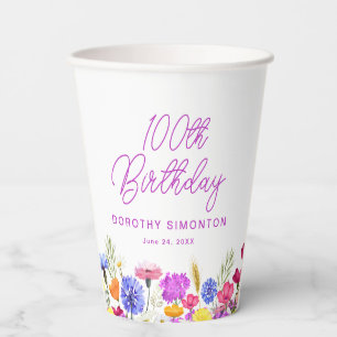 100th Birthday Party Purple Wildflower Custom Paper Cups