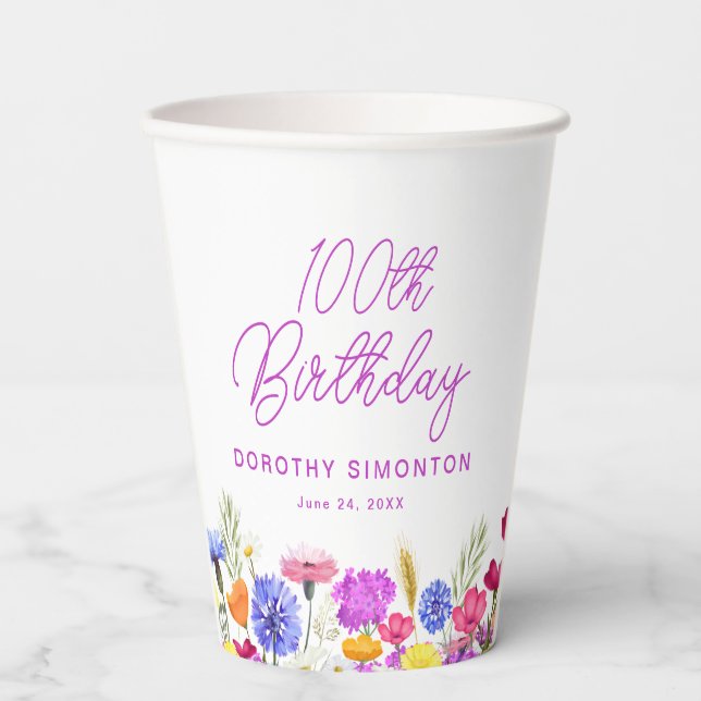 100th Birthday Party Purple Wildflower Custom Paper Cups (Front)