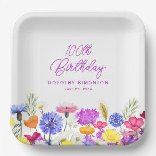 100th Birthday Party Purple Wildflower Custom Paper Plates