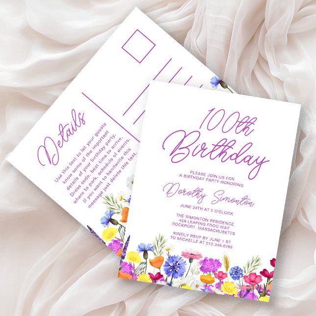 100th Birthday Party Purple Wildflowers Affordable Invitation Postcard (Creator Uploaded)