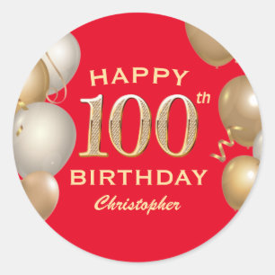 100th Birthday Party Red and Gold Balloons Classic Round Sticker