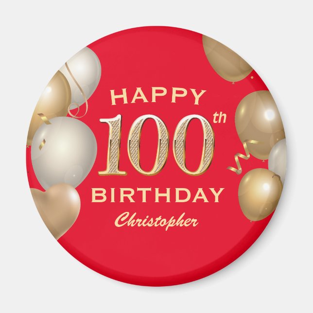 100th Birthday Party Red and Gold Balloons Magnet (Front)