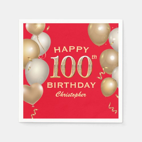 100th Birthday Party Red and Gold Balloons Napkins