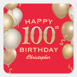 100th Birthday Party Red and Gold Balloons Square Sticker