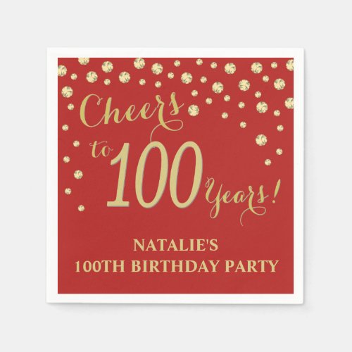 100th Birthday Party Red and Gold Diamond Napkins