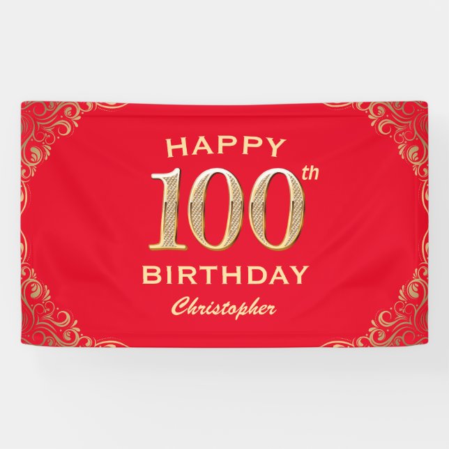100th Birthday Party Red and Gold Glitter Frame Banner (Horizontal)