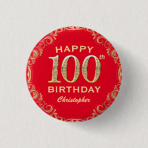 100th Birthday Party Red and Gold Glitter Frame Button