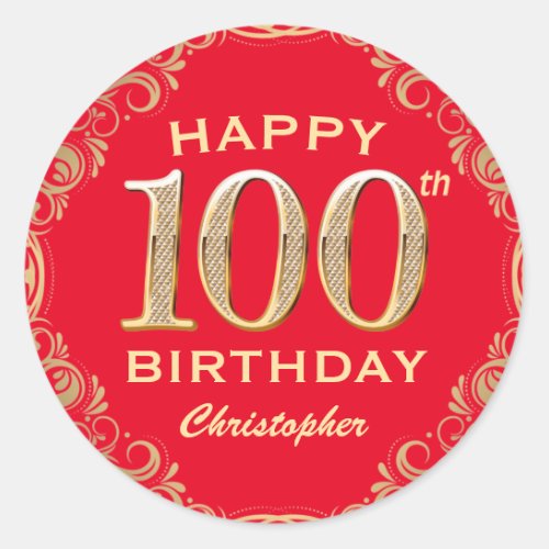 100th Birthday Party Red and Gold Glitter Frame Classic Round Sticker
