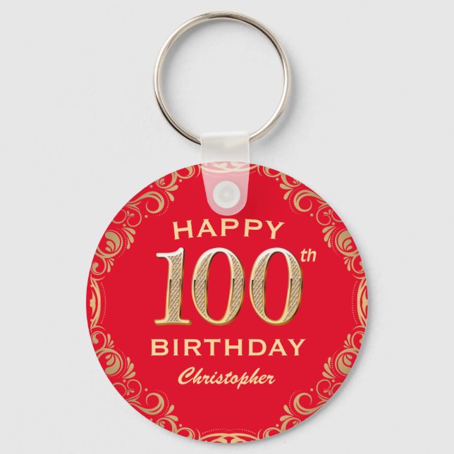 100th Birthday Party Red and Gold Glitter Frame Keychain (Front)