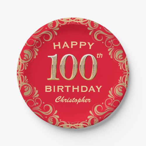 100th Birthday Party Red and Gold Glitter Frame Paper Plates