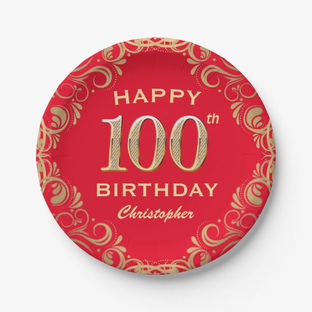 100th Birthday Party Red and Gold Glitter Frame Paper Plates (Front)