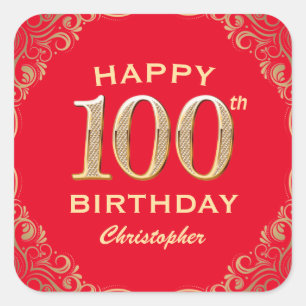 100th Birthday Party Red and Gold Glitter Frame Square Sticker