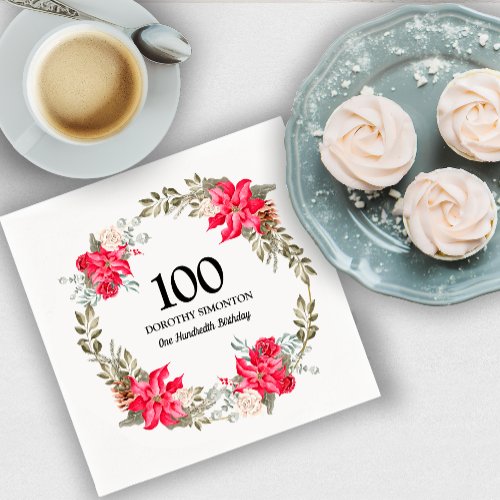 100th Birthday Party Red Floral Poinsettia Wreath Napkins