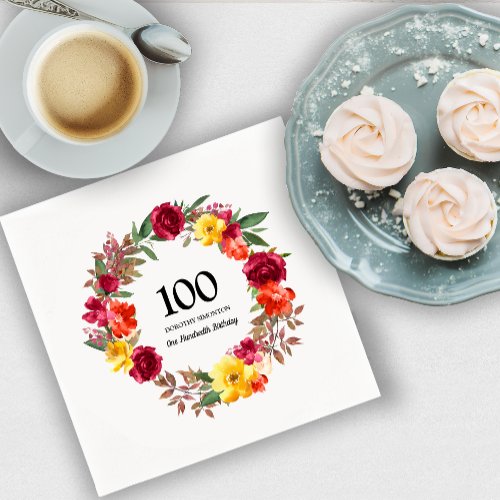 100th Birthday Party Red Orange Yellow Fall Floral Napkins