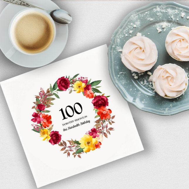 100th Birthday Party Red Orange Yellow Fall Floral Napkins (Creator Uploaded)