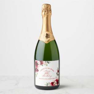 100th Birthday Party Red Pink Floral Custom Sparkling Wine Label