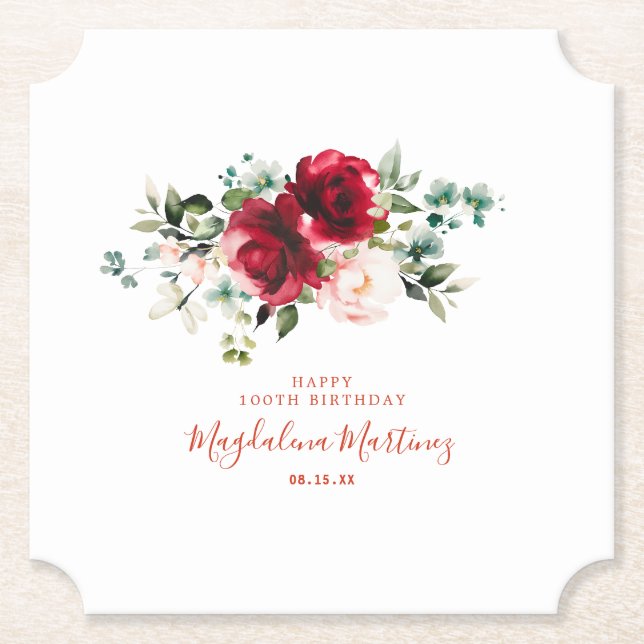 100th Birthday Party Red Rose Pink Peony Custom Paper Coaster (Front)