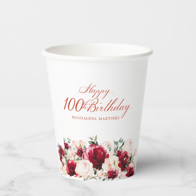100th Birthday Party Red Rose Pink Peony Custom Paper Cups (Front)
