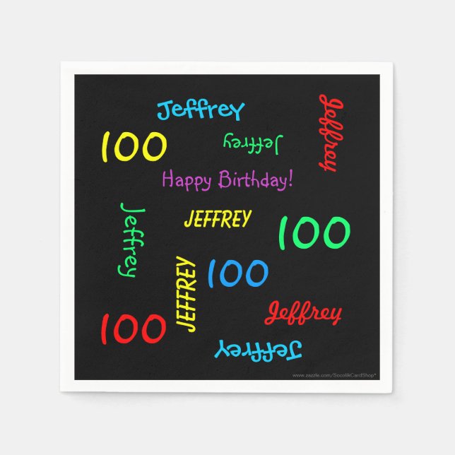 100th Birthday Party Repeat Name Black Paper Napkins (Front)