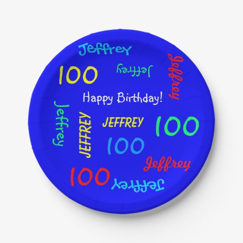 100th Birthday Party Repeating Name Blue  Paper Plates