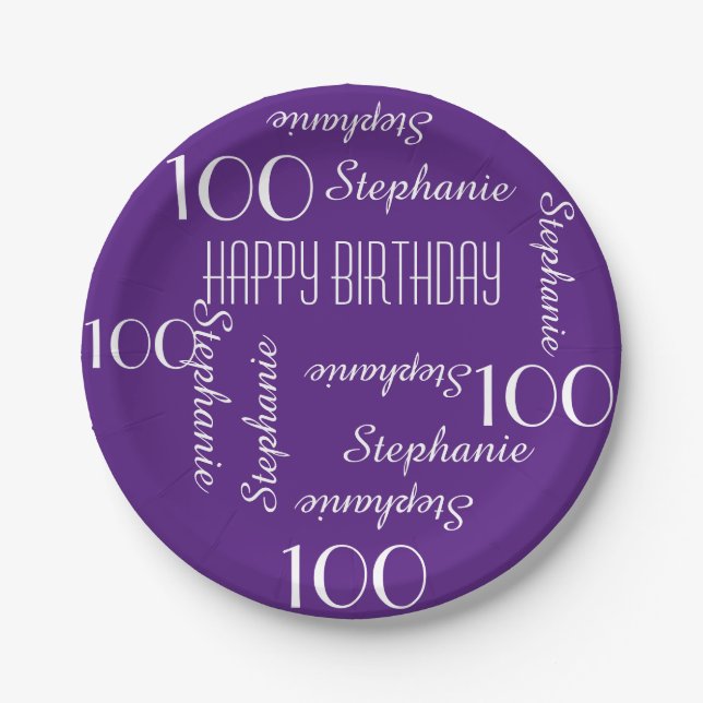 100th Birthday Party Repeating Name Purple Paper Plates (Front)