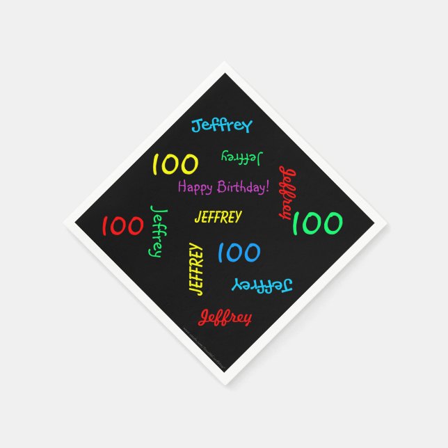 100th Birthday Party Repeating Names Black Paper Napkins (Corner)