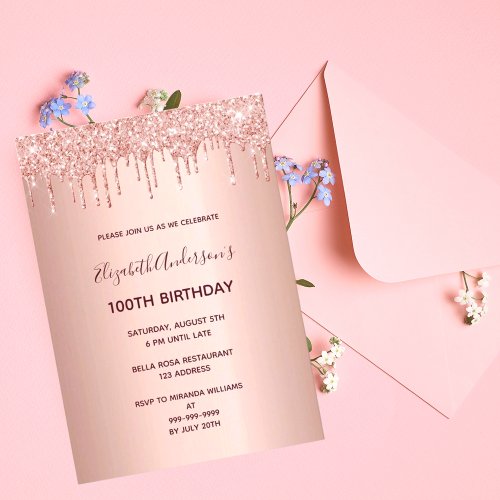 100th birthday party rose gold glitter drip invitation
