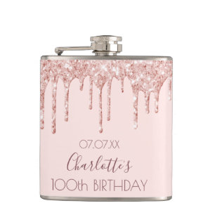 100th birthday party rose gold glitter drips pink flask