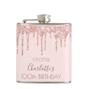 100th birthday party rose gold glitter drips pink flask