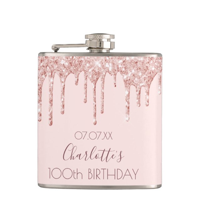 100th birthday party rose gold glitter drips pink flask (Front)
