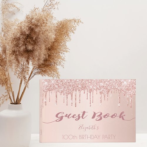 100th birthday party rose gold glitter drips pink guest book