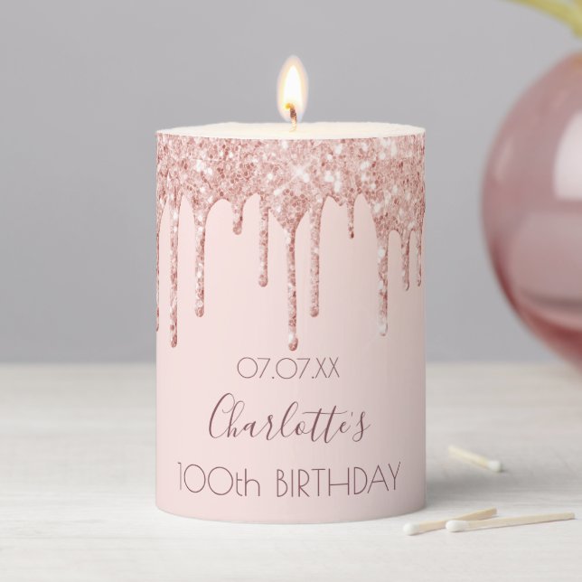 100th birthday party rose gold glitter drips pink pillar candle (In Situ)