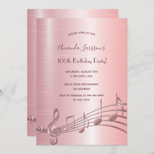 100th birthday party rose gold music notes invitation