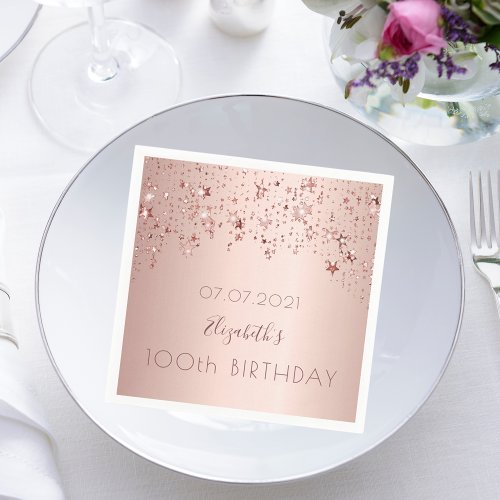 100th birthday party rose gold stars drips pink napkins