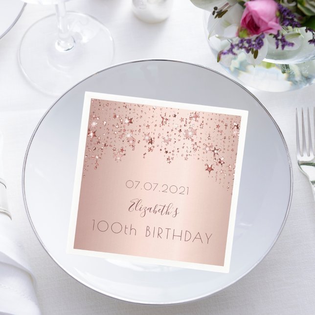 100th birthday party rose gold stars drips pink napkins (Creator Uploaded)