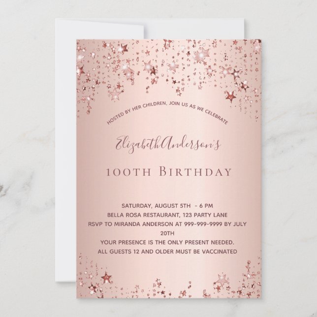 100th birthday party rose gold stars sprinkle invitation (Front)