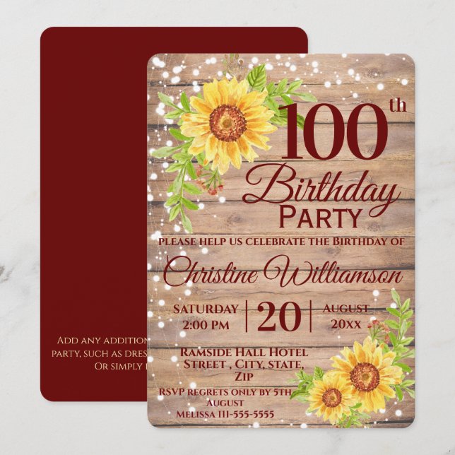 100th Birthday Party Rustic Floral Sunflower Invitation (Front/Back)