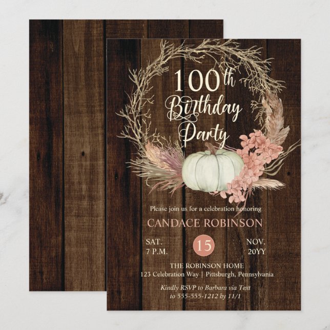 100th Birthday Party -Rustic Pumpkin Pampas Wreath Invitation (Front/Back)