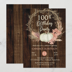 100th Birthday Party -Rustic Pumpkin Pampas Wreath Invitation