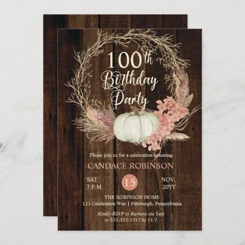 100th Birthday Party _Rustic Pumpkin Pampas Wreath Invitation