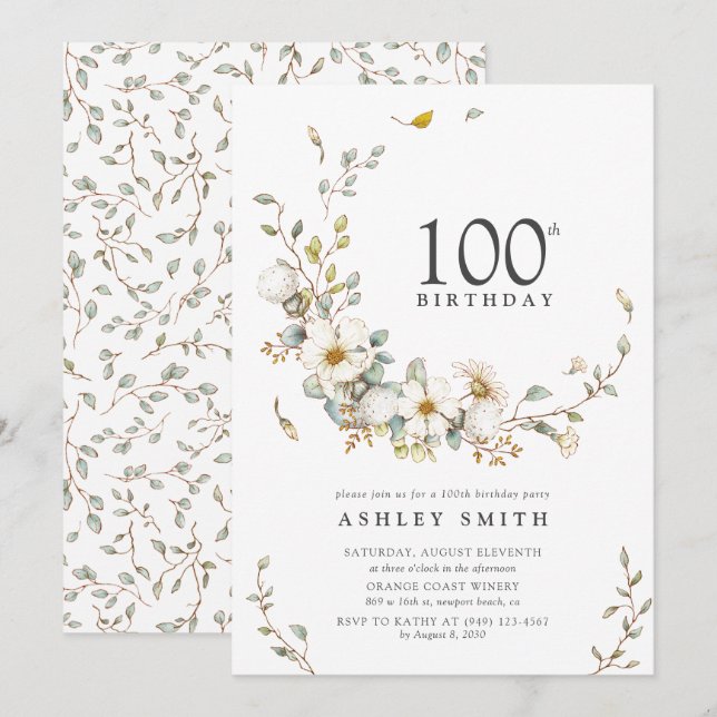 100th Birthday Party Rustic Watercolor Wildflower  Invitation (Front/Back)